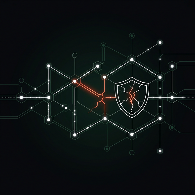 ChatGPT data leak illustration showing cracked shield and data nodes